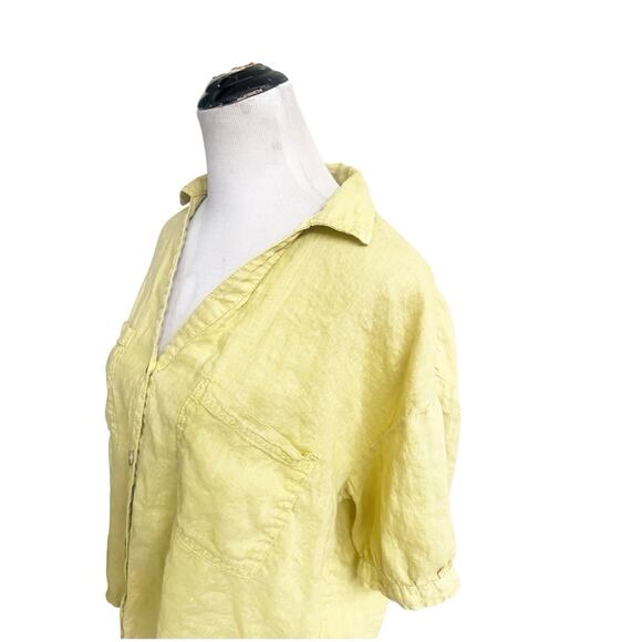 PILCRO Anthropologie 100% Linen Surf Button Down Short Sleeve Shirt Yellow Med - Picture 9 of 13